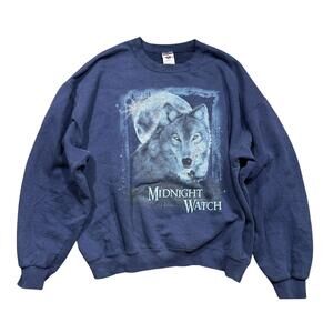 Vintage Midnight Watch Wolf Y2K Navy Graphic Crewneck